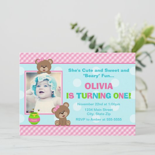 テディー・ベアの女の子の誕生日の招待状5x7の写真カード 招待状 (スタンド正面)
