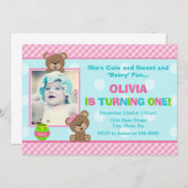 テディー・ベアの女の子の誕生日の招待状5x7の写真カード 招待状 (正面/裏面)