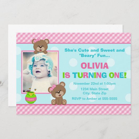 テディー・ベアの女の子の誕生日の招待状5x7の写真カード 招待状 (正面/裏面)