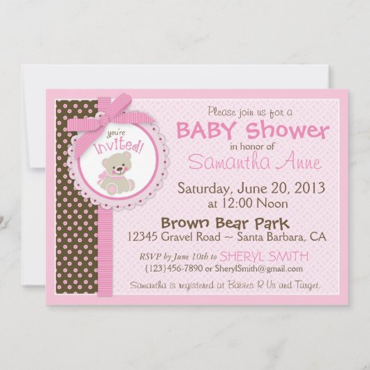 テディー・ベアの女の赤ちゃんのベビーシャワーのピンク 招待状 (裏面)