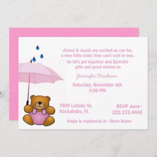 テディー・ベアの女の赤ちゃんはシャワーの招待状を振りかけます 招待状 (正面/裏面)
