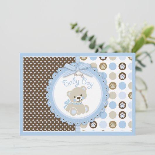 テディー・ベアの男の赤ちゃんのベビーシャワーの青 招待状 (スタンド正面)