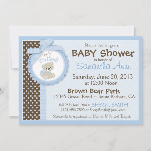 テディー・ベアの男の赤ちゃんのベビーシャワーの青 招待状 (裏面)