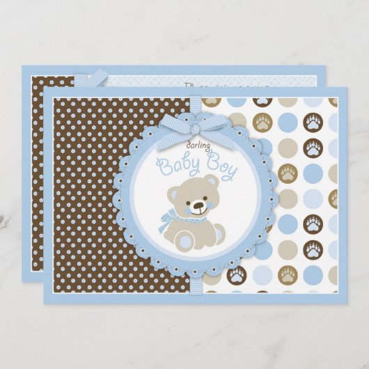 テディー・ベアの男の赤ちゃんのベビーシャワーの青 招待状 (正面/裏面)
