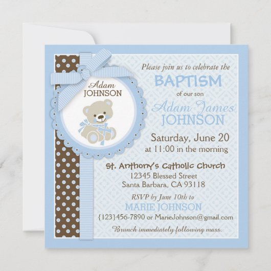 テディー・ベアの男の赤ちゃんの洗礼の青 招待状 (裏面)