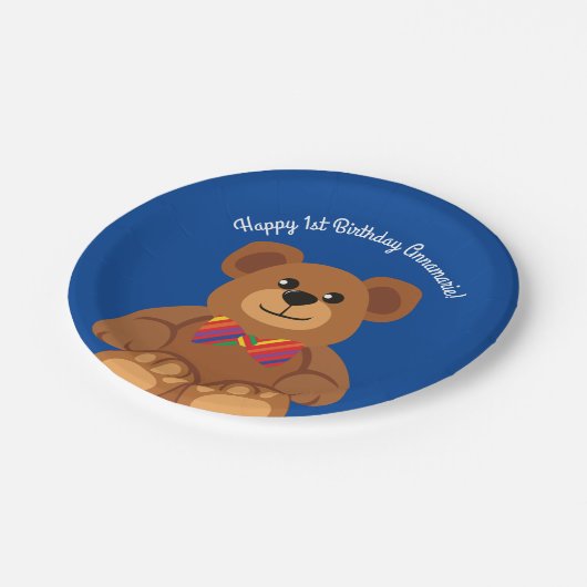 テディー・ベアの虹のかわいい第1誕生会 ペーパープレート (アングル)