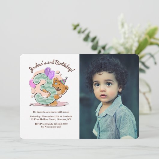 テディー・ベアの3歳の写真の招待状 招待状 (スタンド正面)