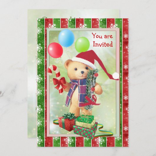 テディー・ベアを持つ子供のクリスマスのパーティの招待状 招待状 (正面/裏面)