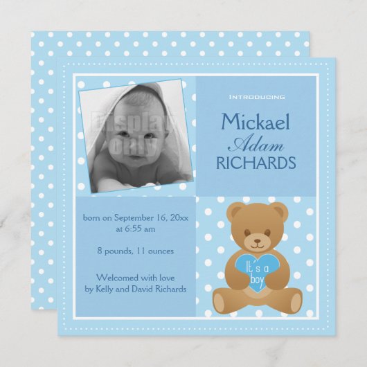 テディー・ベア"それ" s男の子の"発表カード 案内状 (正面/裏面)