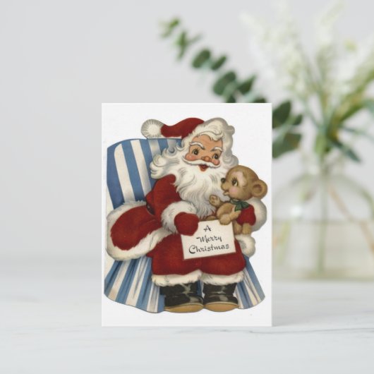 "テディー・ベア"のクリスマスのレトロのサンタ シーズンポストカード (スタンド正面)