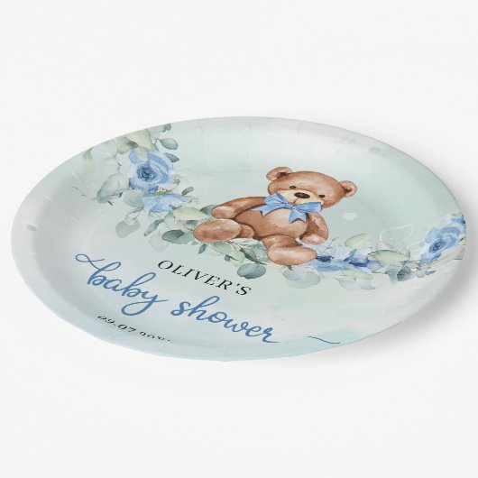 テディ人気があるベアほこりっぽい青フローラユーカリ ペーパープレート (アングル)