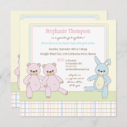 テディ及びバニーの三重項のベビーシャワーの招待状 招待状 (正面/裏面)