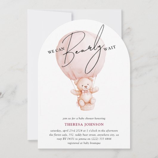 テディ熱い気球Bearly待ち女の子の赤ちゃんシャワー 招待状 (正面)