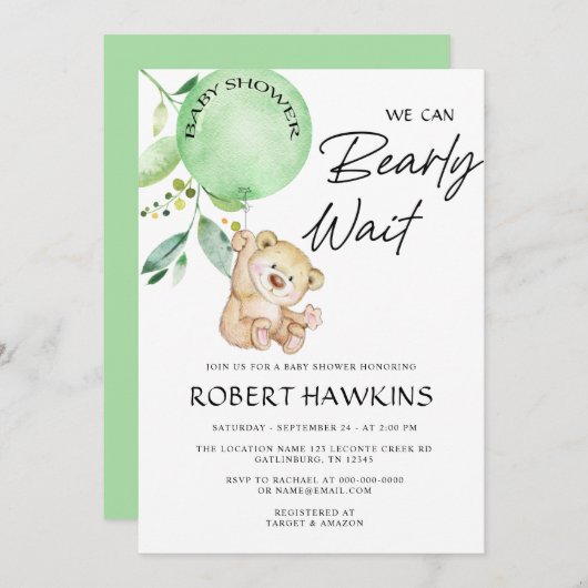 テディ男女兼用ベア心待ち赤ちゃんシャワー 招待状 (正面/裏面)
