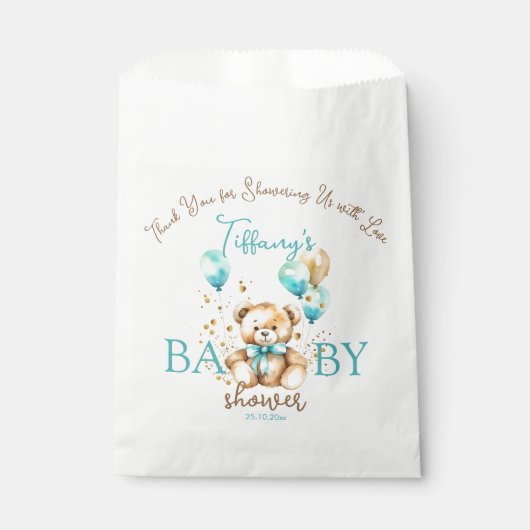 テディ赤ちゃんシャワーは可愛いテディのアクアブラウンを好む フェイバーバッグ (正面)