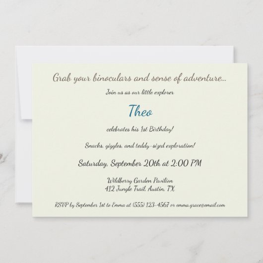 テディ・サファリの探検家 – 1歳の誕生日 招待状 (裏面)