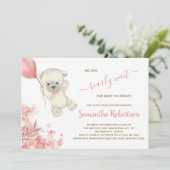 テディ・ポーラーベア ピンク風船 ガール ベビーシャワー 招待状 (スタンド正面)