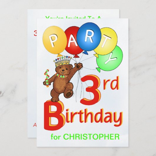 テデ王室のィベア3歳誕生日パーティー 招待状 (正面/裏面)