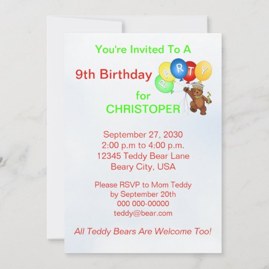 テデ王室のィベア9歳の誕生日パーティー 招待状 (裏面)