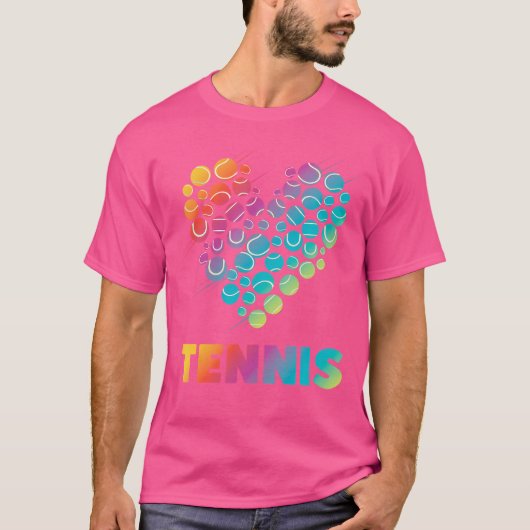テニスおもしろい選手ラケットハートレインボーテニス Tシャツ (正面)