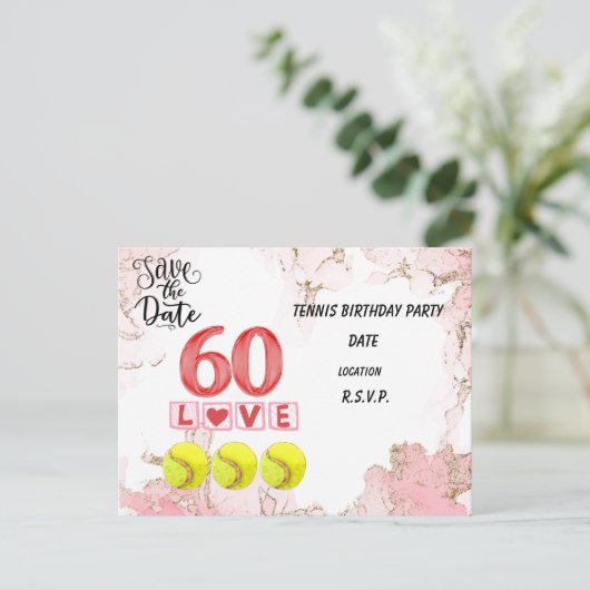 テニスで60歳の誕生日パーティーの日程を保存 ポストカード (スタンド正面)