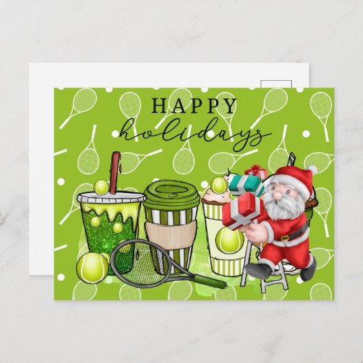 テニスとサンタクロースのハッピーホリデー シーズンポストカード (正面/裏面)