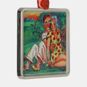 テニスのギアが付いている漫画のカップル メタルオーナメント (右)