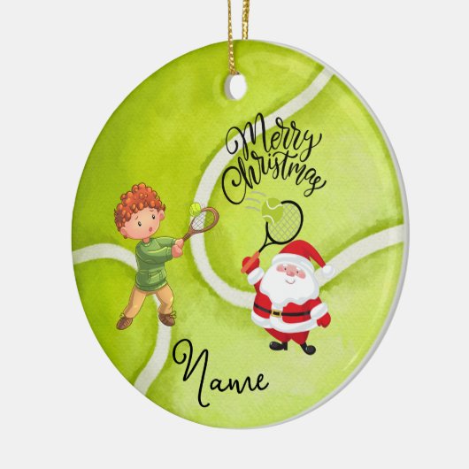 テニスのクリスマスとサンタクロースとの少年 セラミックオーナメント (左)