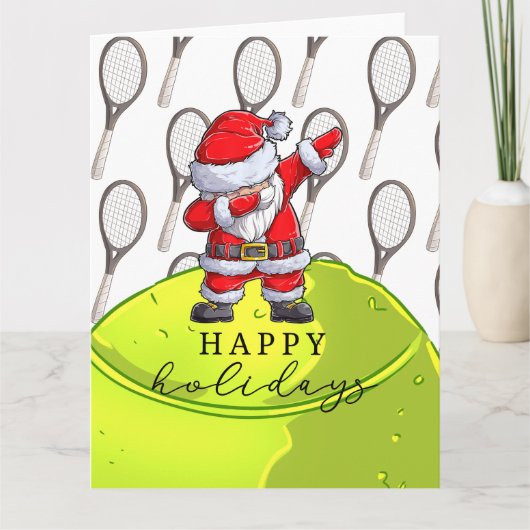 テニスのクリスマスとボール&ラケットとサンタ カード (正面)