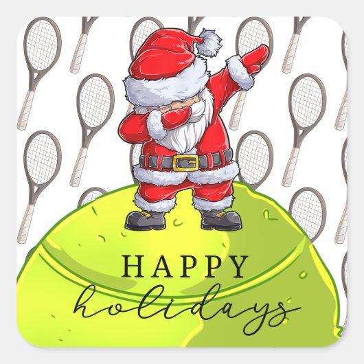 テニスのクリスマスとボール&ラケットとサンタ スクエアシール (正面)