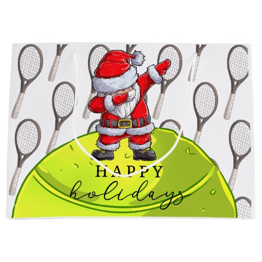 テニスのクリスマスとボール&ラケットとサンタ ラージペーパーバッグ (正面)