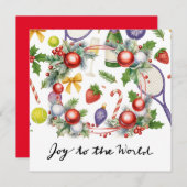 テニスのクリスマスとラケットとクリスマスリース シーズンカード (正面/裏面)