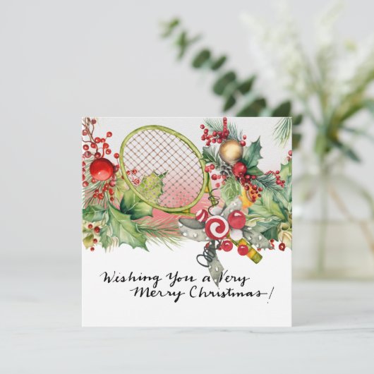 テニスのクリスマスとラケットとクリスマスリース シーズンカード (スタンド正面)