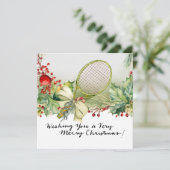 テニスのクリスマスとラケットとクリスマスリース シーズンカード (スタンド正面)