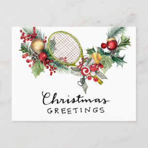 テニスのクリスマスとラケットとクリスマスリース シーズンポストカード