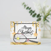 テニスのクリスマスとラケットとボールで新年 シーズンポストカード (スタンド正面)