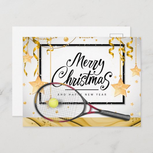 テニスのクリスマスとラケットとボールで新年 シーズンポストカード (正面/裏面)