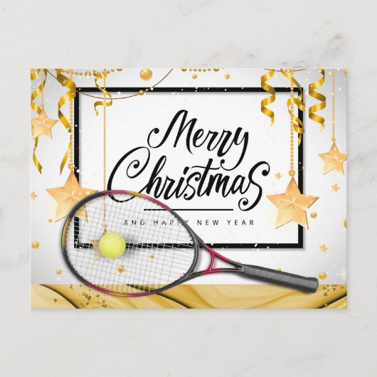 テニスのクリスマスとラケットとボールで新年 シーズンポストカード (正面)