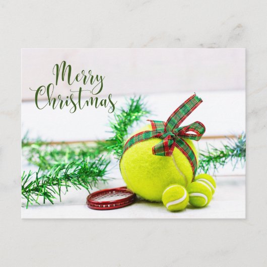 テニスのクリスマスのボールとリボン付き装飾 シーズンポストカード (正面)