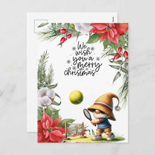 テニスのクリスマスをテーマにしたプレーヤー シーズンポストカード (正面/裏面)