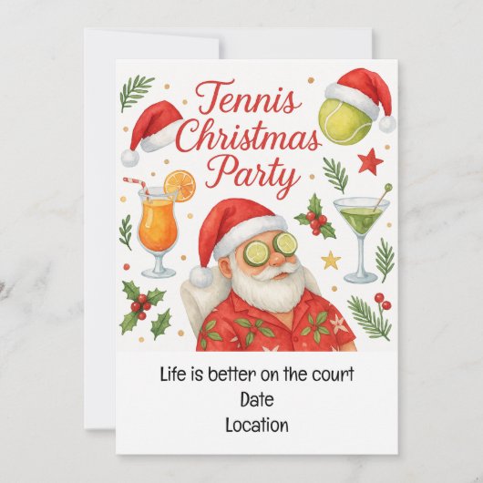 テニスのクリスマスパーティー ドリンク＆サンタ帽付き 招待状 (正面)