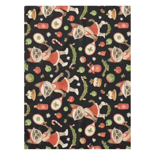 テニスのクリスマス猫好き テーブルクロス (正面)