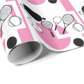 テニスのピンクの白く黒いガーリー ラッピングペーパー (ロールコーナー)