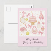 テニスのベビーガールピンクのトーンラケットのための第1誕生日 ポストカード (正面/裏面)