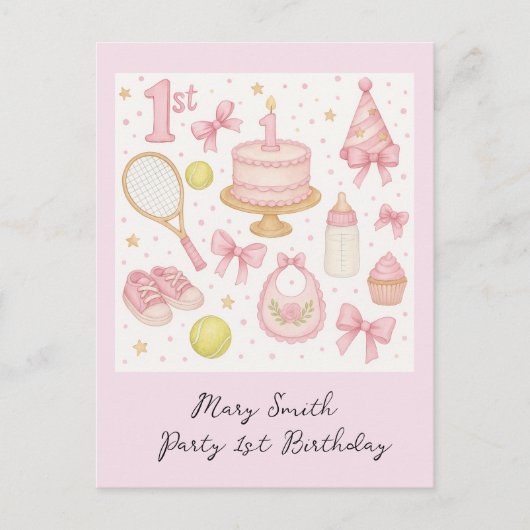 テニスのベビーガールピンクのトーンラケットのための第1誕生日 ポストカード (正面)