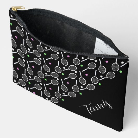 テニスのラケットとボールの黒い贅沢 アクセサリーポーチ (見開き)