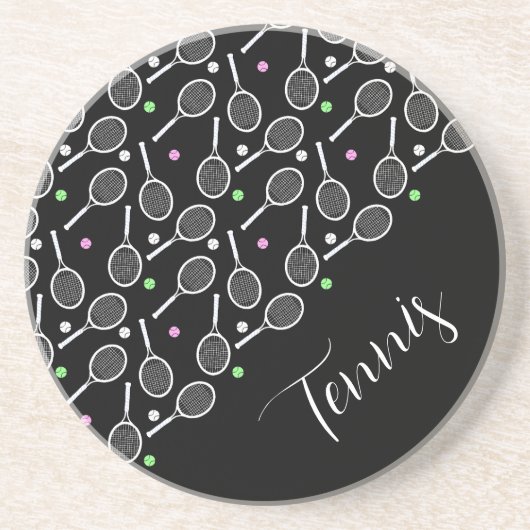 テニスのラケットとボールの黒い贅沢 コースター (正面)