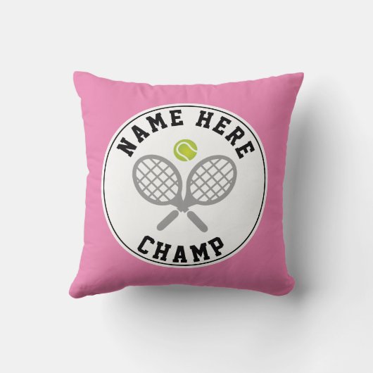 テニスのラケットとボールチャンプと選手の名前ピンク クッション (裏面)