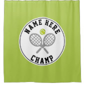 テニスのラケット、ボールチャンプ、選手の名前のグリーン シャワーカーテン (正面)