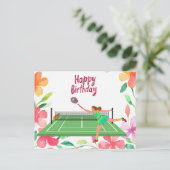 テニスの女子プレーヤーと花の誕生日 ポストカード (スタンド正面)